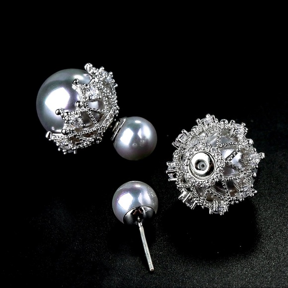 Pearlescent Gray Silver Crystal Pave Double Studs - Picture 3 of 8